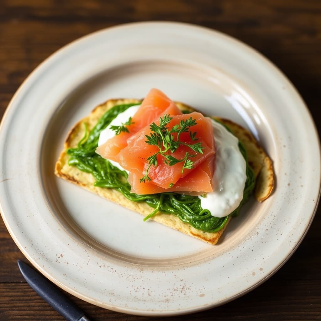 Grønn hvitløk og purreløk matzo brei med røkt laks og pepperrotkrem