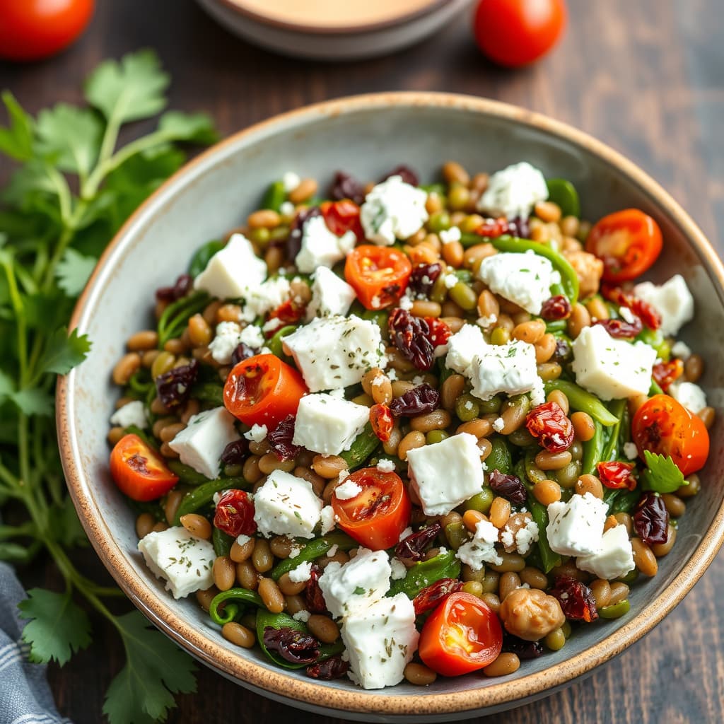 Grønn linse-, soltørket tomat- og fetasalat