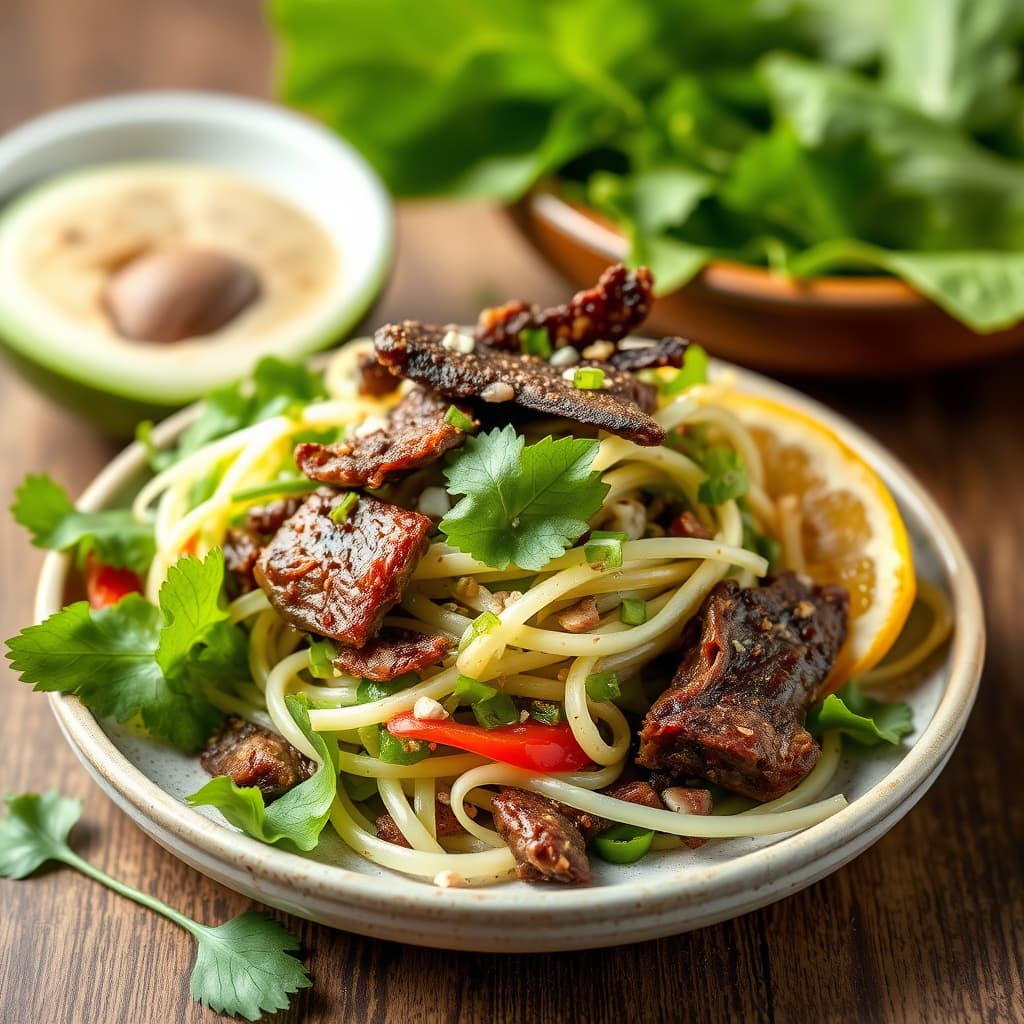 Grønn papaysalat med storfekjøtt og leverkjøtt i tørt format