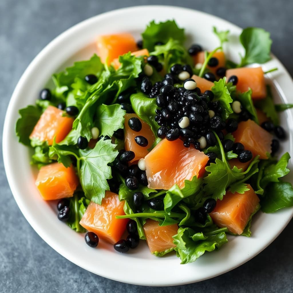 Grønn salat med kaviar og røkt laks
