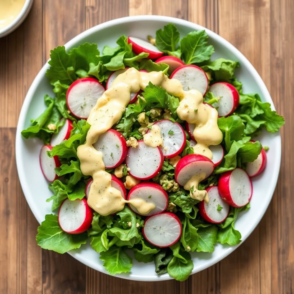 Grønn salat med reddiker og kremet sennepsdressing