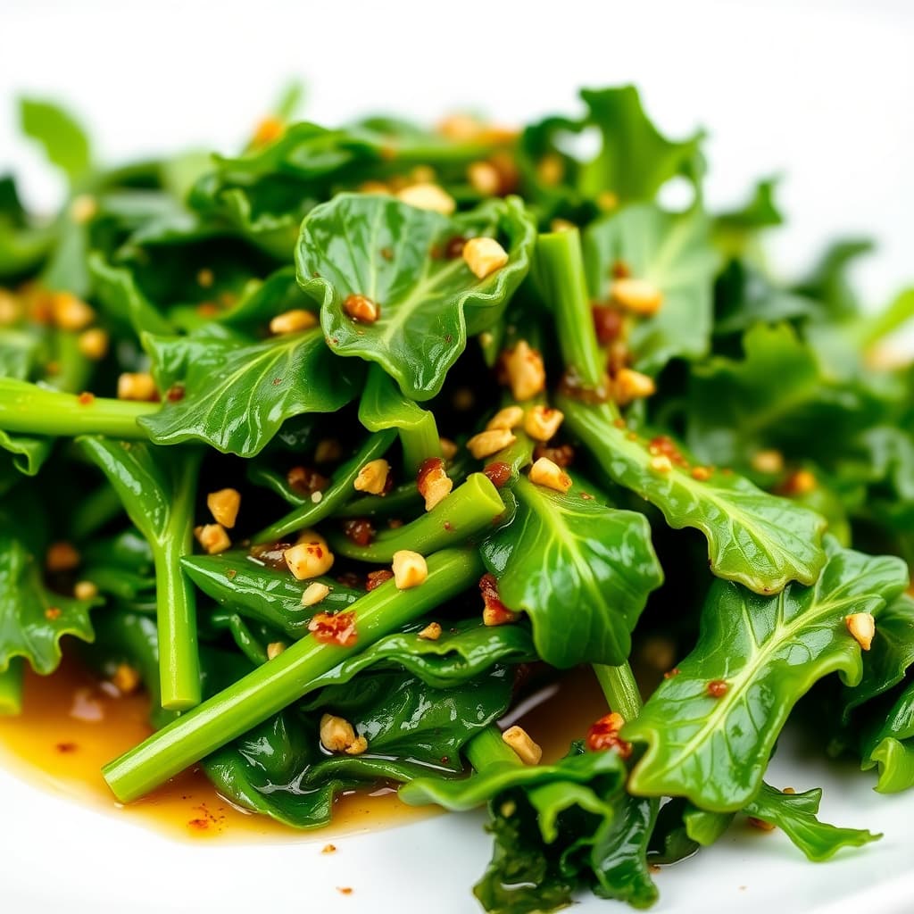 Grønne bladgrønnsaker med krydret hvitløksolje