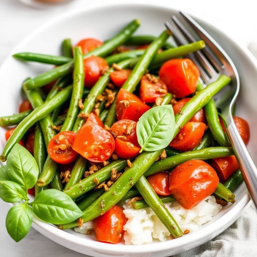 Grønne bønner braisert med tomater og basilikum
