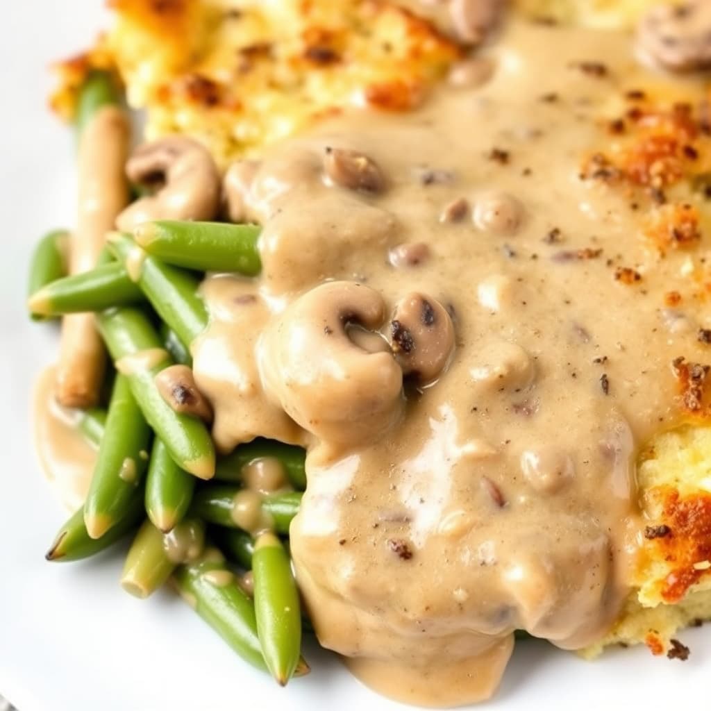 Grønne bønner i ildfast form med hjemmelaget soppsaus