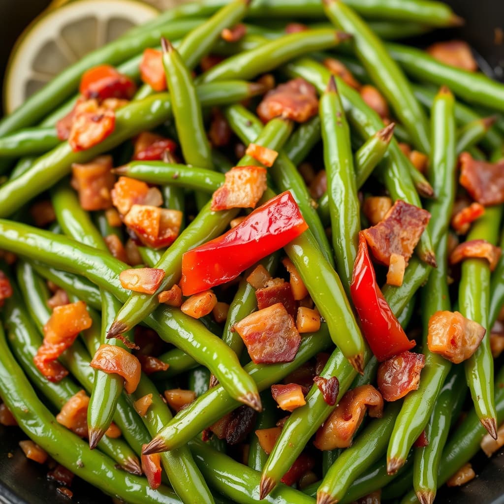 Grønne bønner med bacon og rød paprika