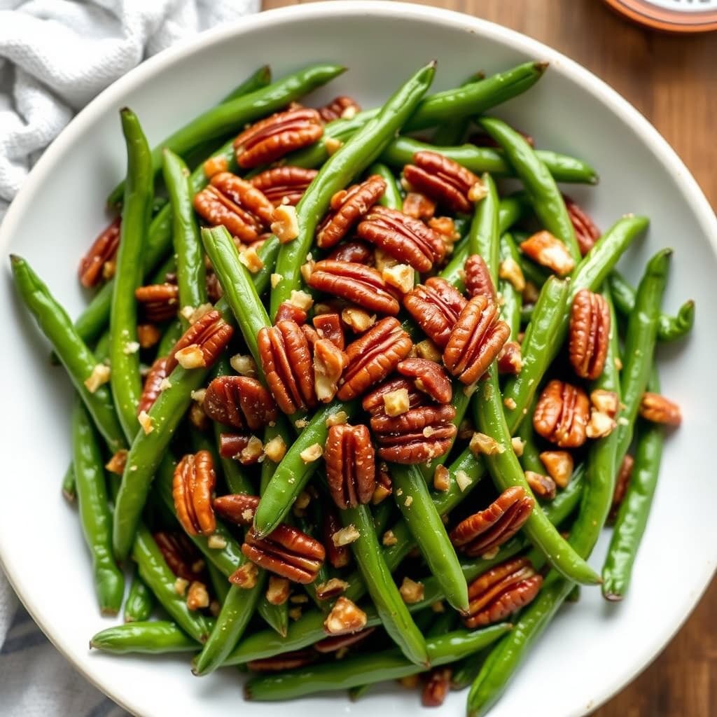 Grønne bønner med karamelliserte pekannøtter