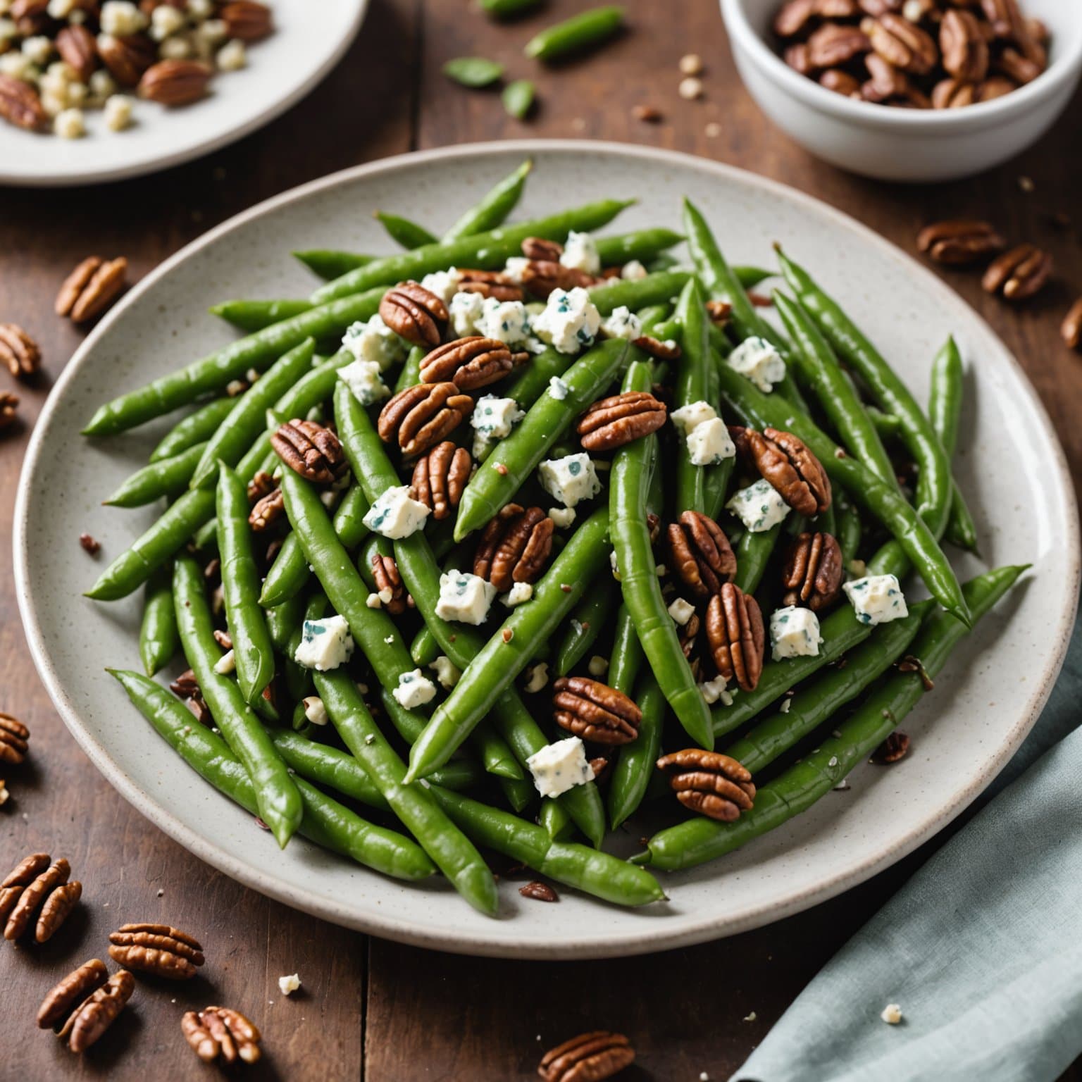Grønne bønner, ristet pekannøtt og blåmuggost
