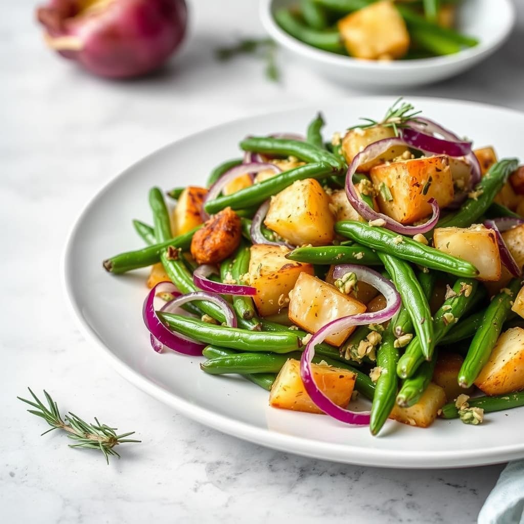 Grønne bønner, rødløk, ovnsbakte potetsalat med rosmarindressing
