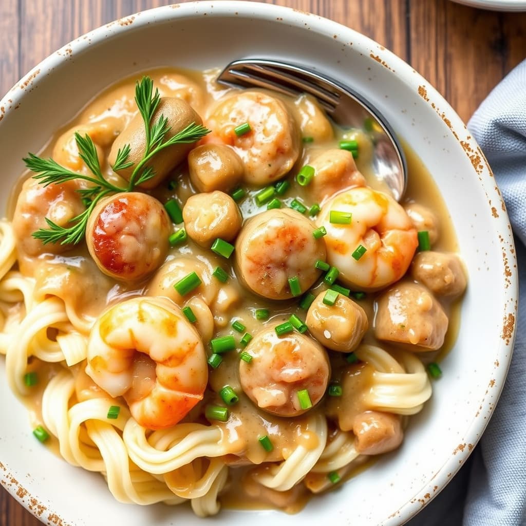 Grønne løk-pølse og rekegryte