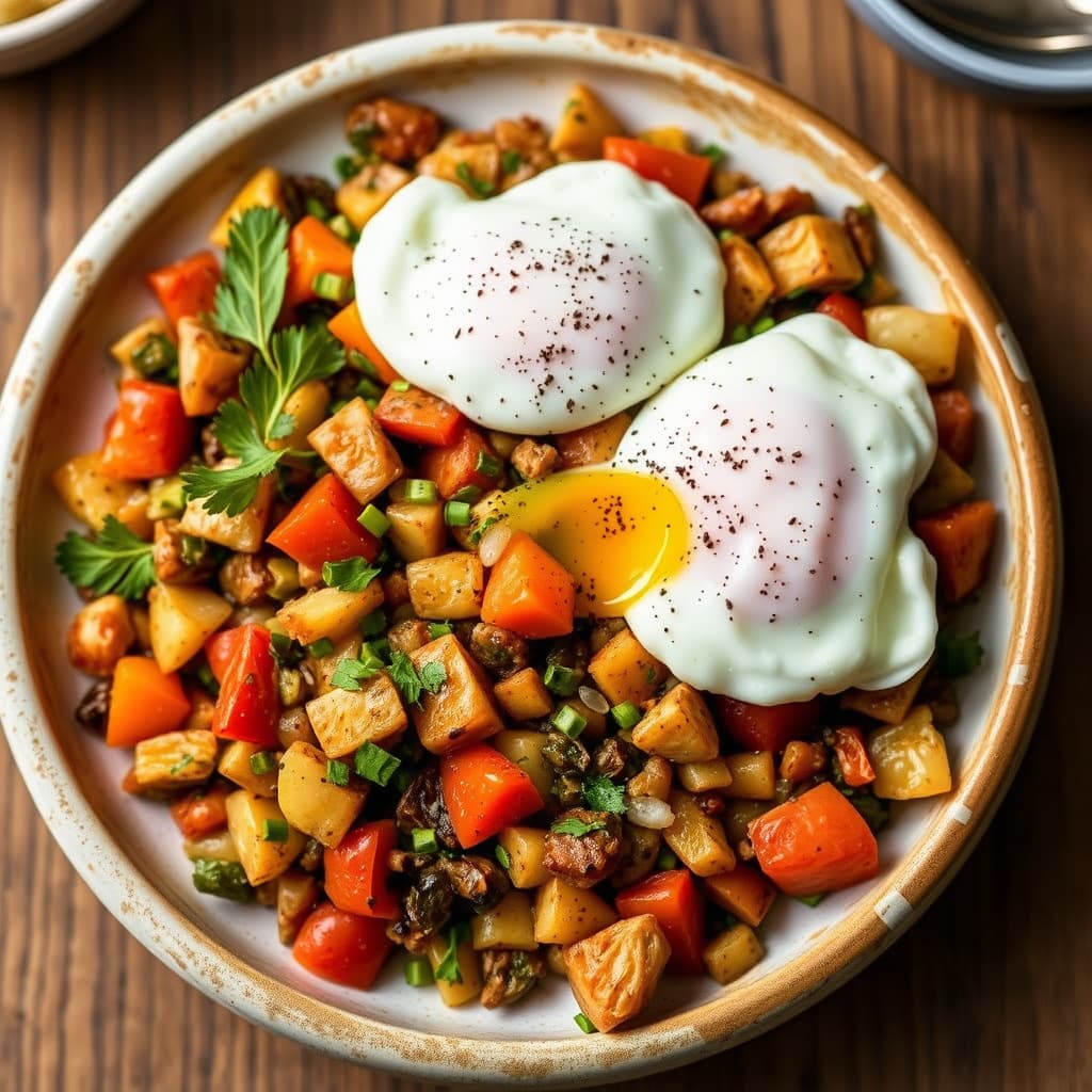 Grønnsakshash med posjerte egg