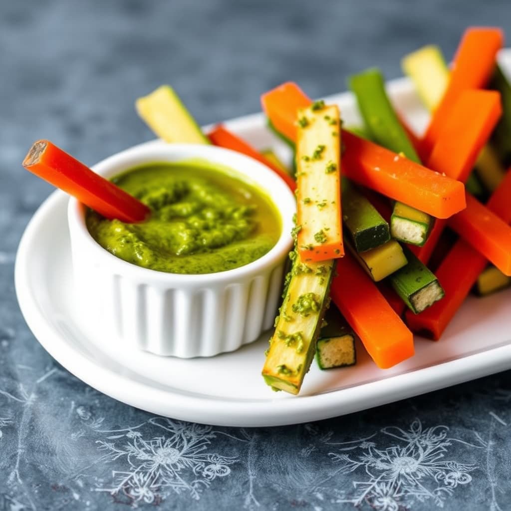 Grønnsaksstaver og pesto-dippsaus