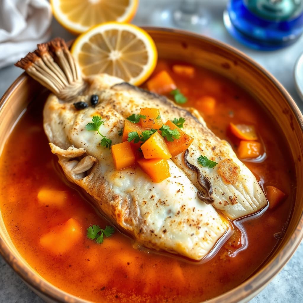 Grouper dampet i pergament med sur appelsinsaus og Martini-salat