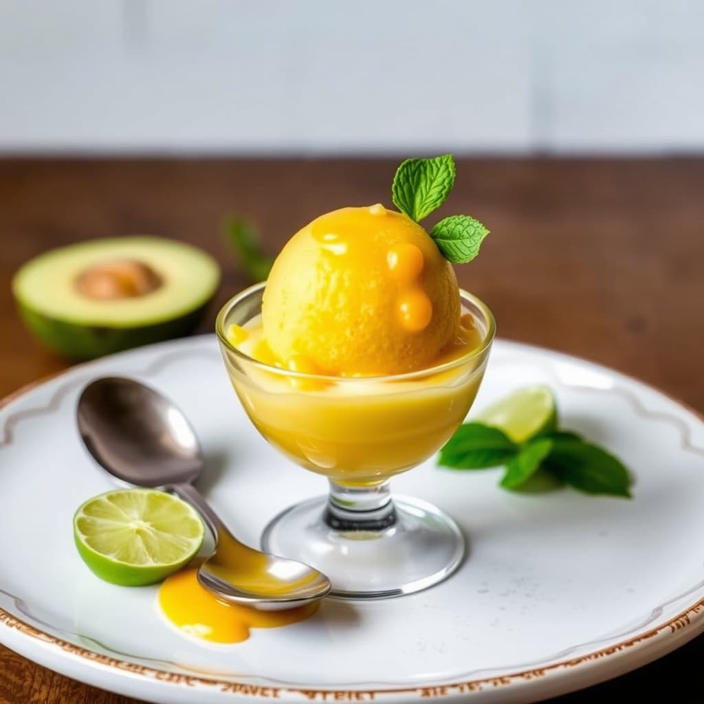 Guanabanasorbet med mangolime coulis