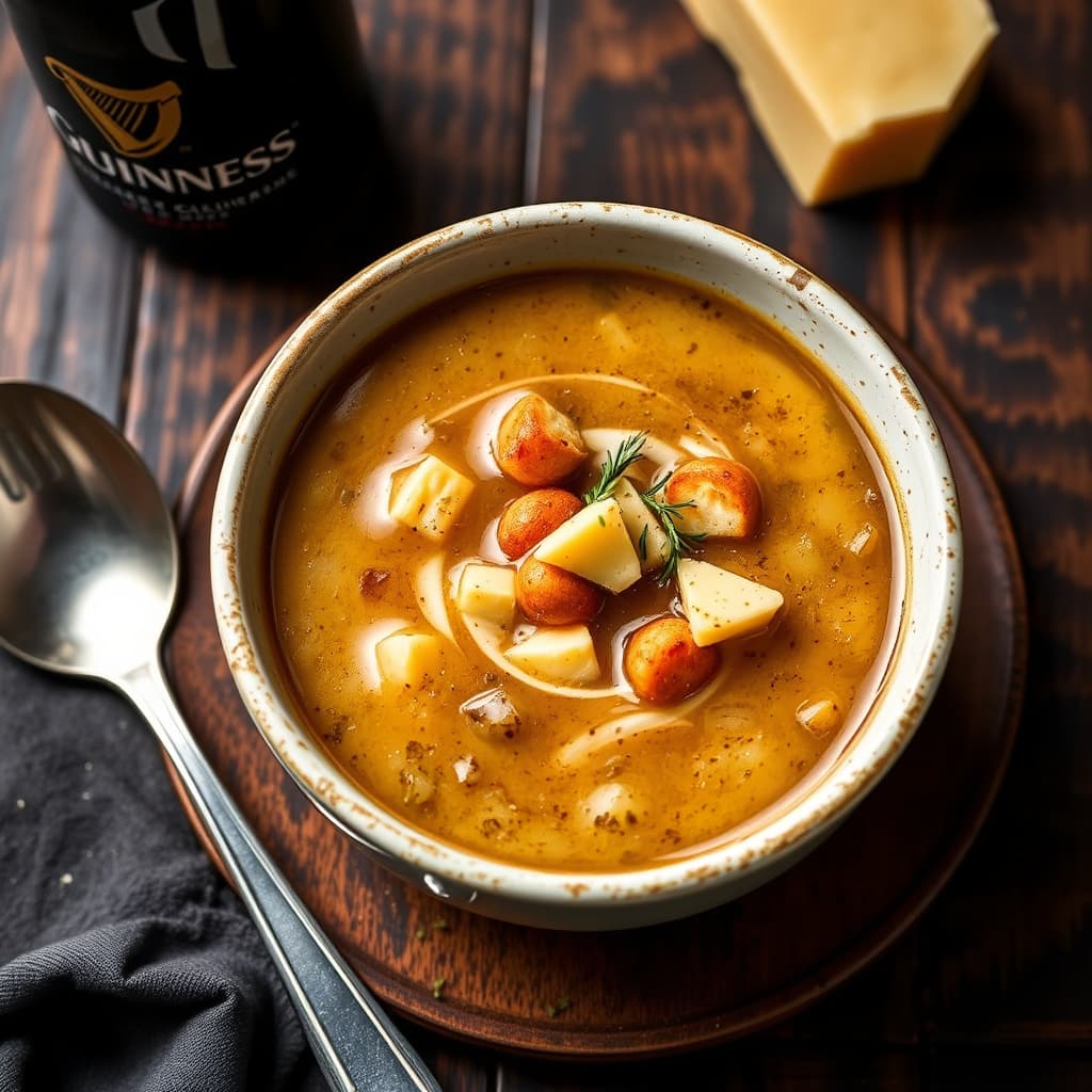 Guinness- og løksuppe med irsk cheddar-crouton