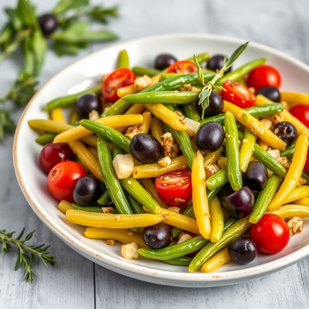 Gul og grønn bønnesalat med oliven, cherrytomater og sommeraroma