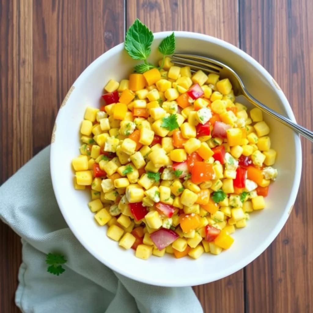 Gul paprika- og maisalat med gurkemeiedressing