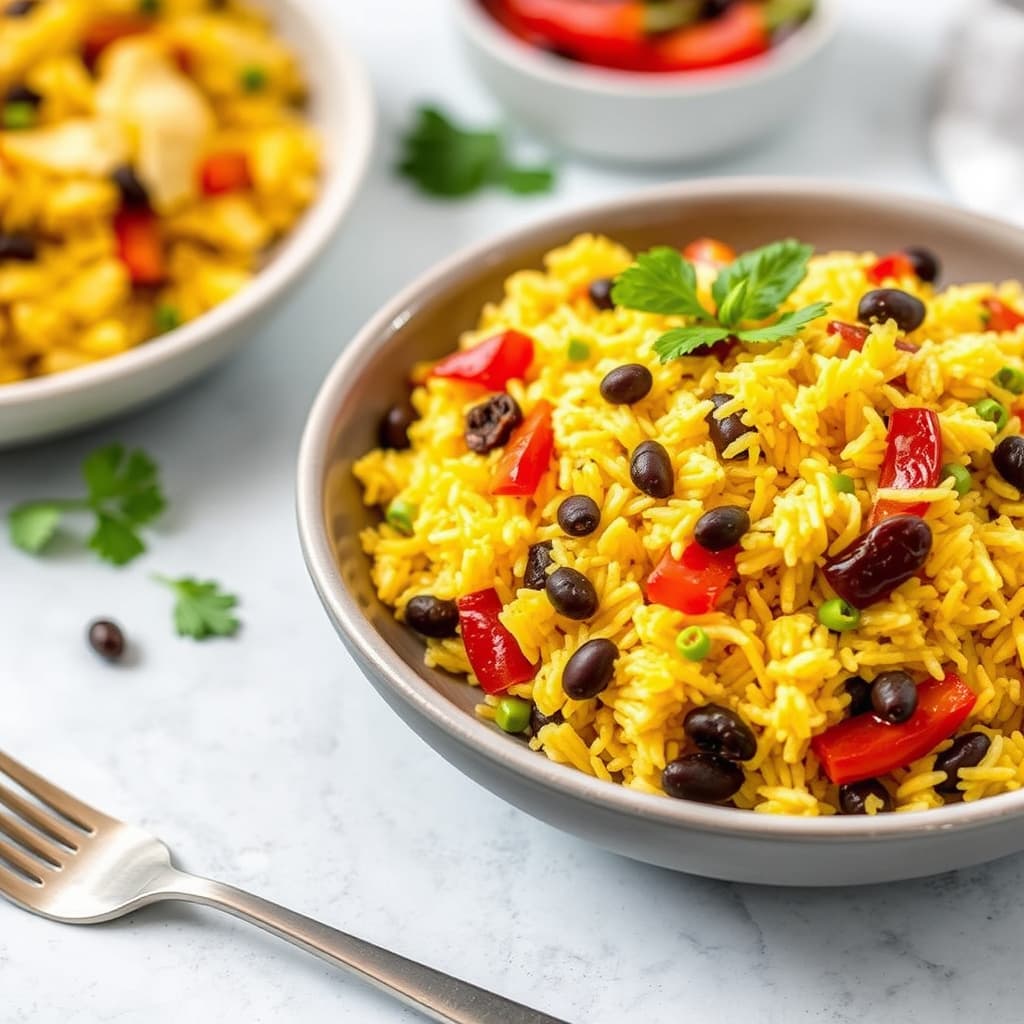 Gul risalat med ovnsbakte paprikaer og krydrede svarte bønner