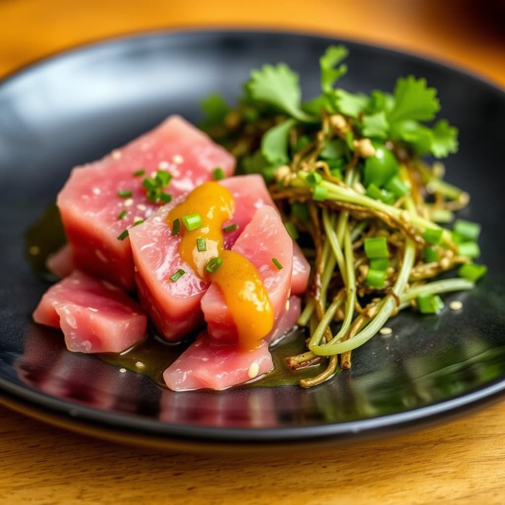 Gulfin tunfisk tartar med yuzu-wasabi vinaigrette og sesam- sjøgresssalat