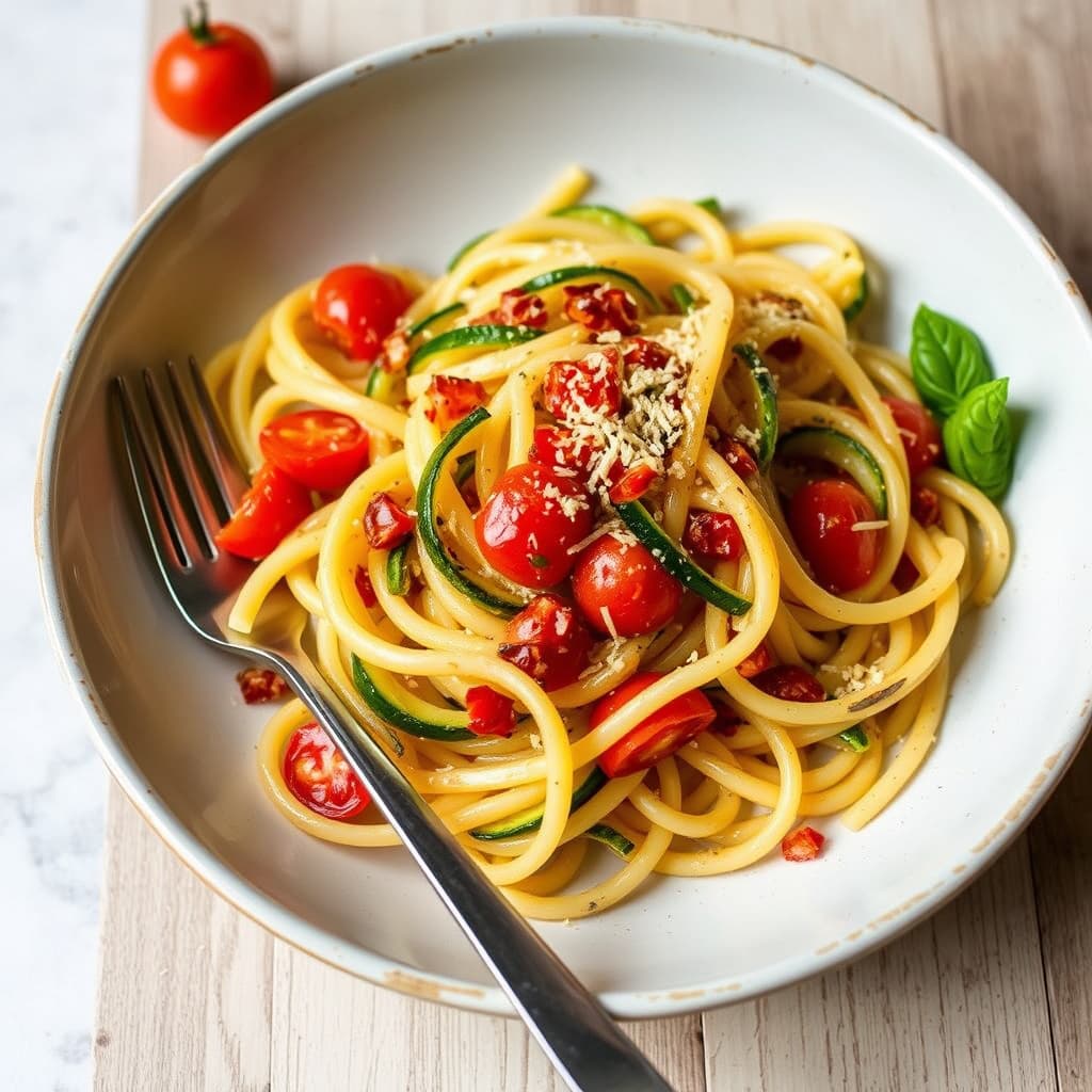 Gullfargede båndpasta med squash og tomat