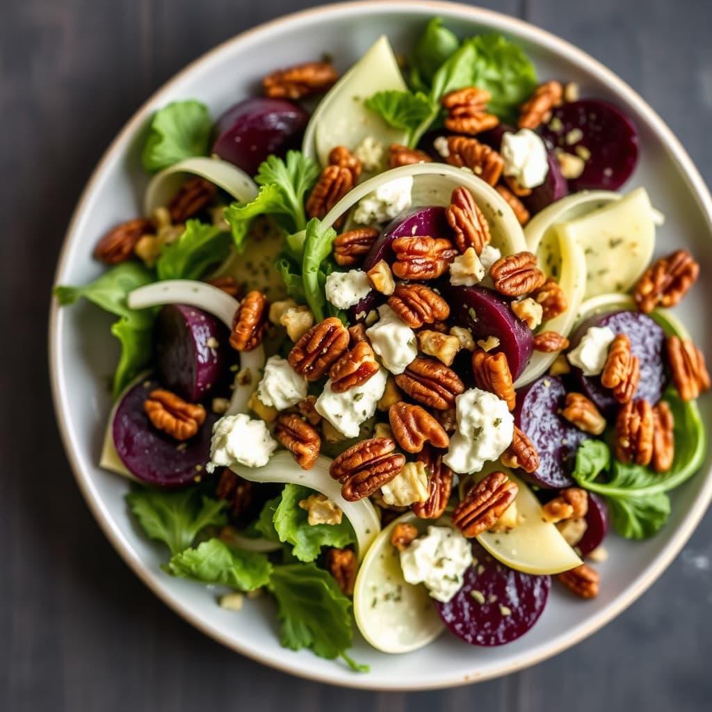 Gulrot- og fennikelsalat med gorgonzolaflan og kandiserte pekannøtter