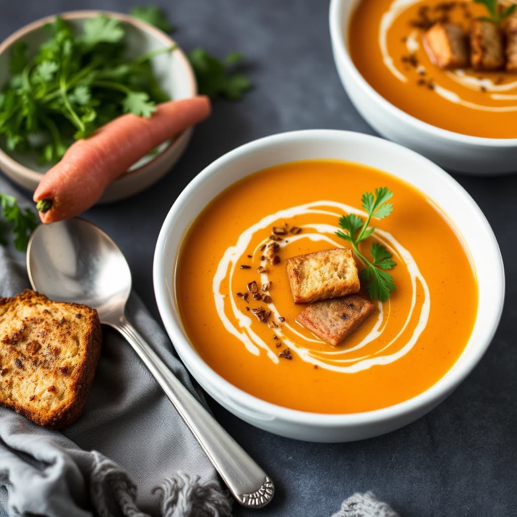 Gulrot- og ingwersuppe med Kellogg's All-Bran-krustet svinefilet og krutonger