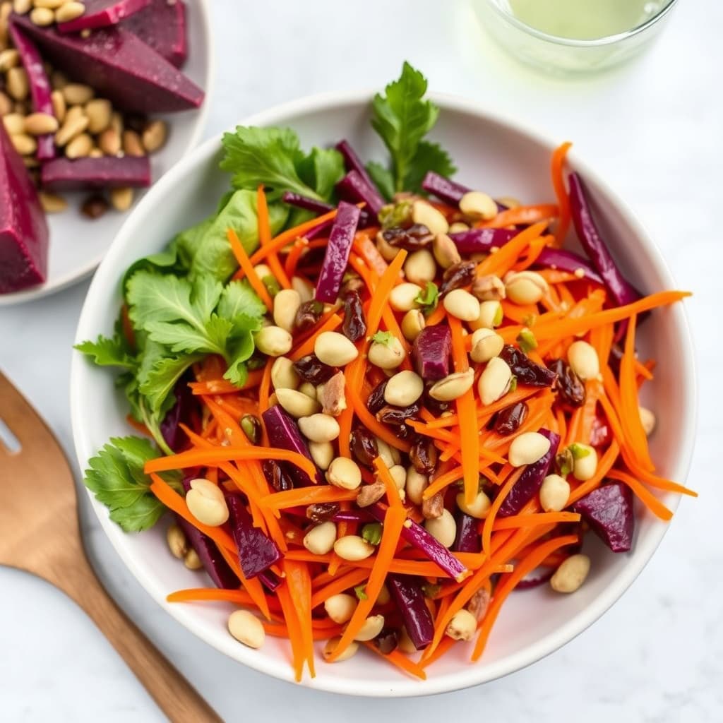 Gulrot- og rødbetsalat med pistasjnøtter og rosiner