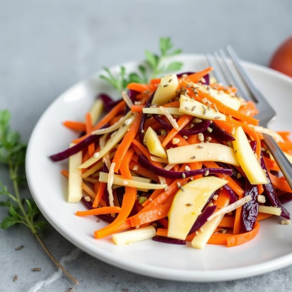 Gulrot-, rødbete- og eplesalat med karvefrødressing