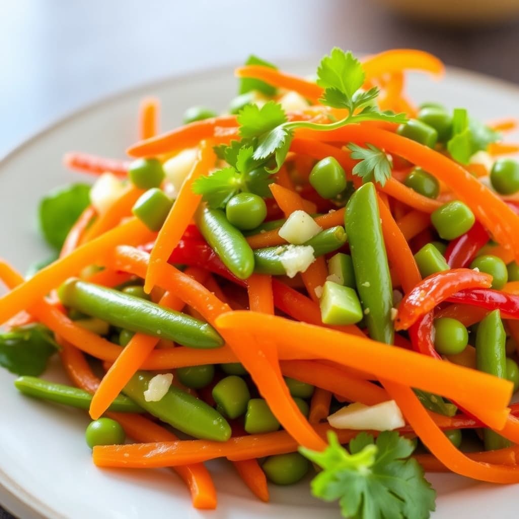 Gulrot, snøerter og rød paprika julienne i honningvinaigrette