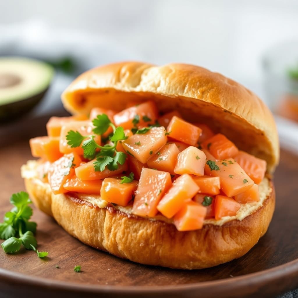 Hakket fersk laks på et brød