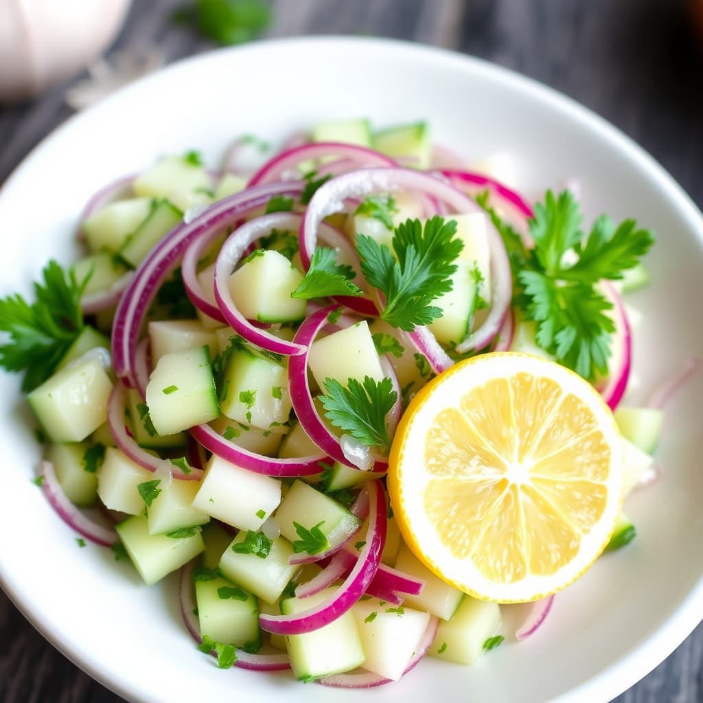 Hakket salat med agurk, rødløk, sitron og persille