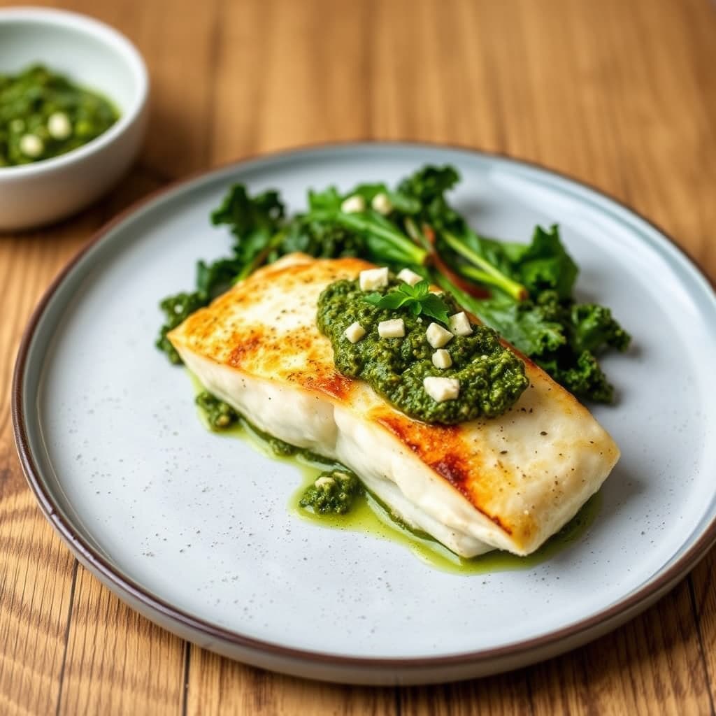 Halibut fylt med grønnkål og feta pesto