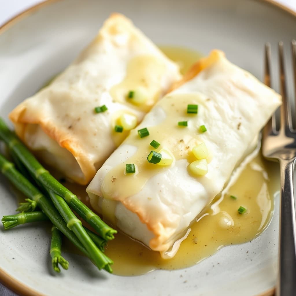 Halibutfiletter innpakket i filodeig med sitron- og vårløksaus