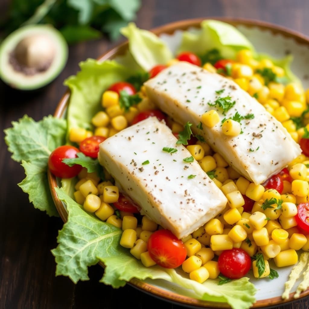 Halibutt- og mais-salat med knust vinaigrette