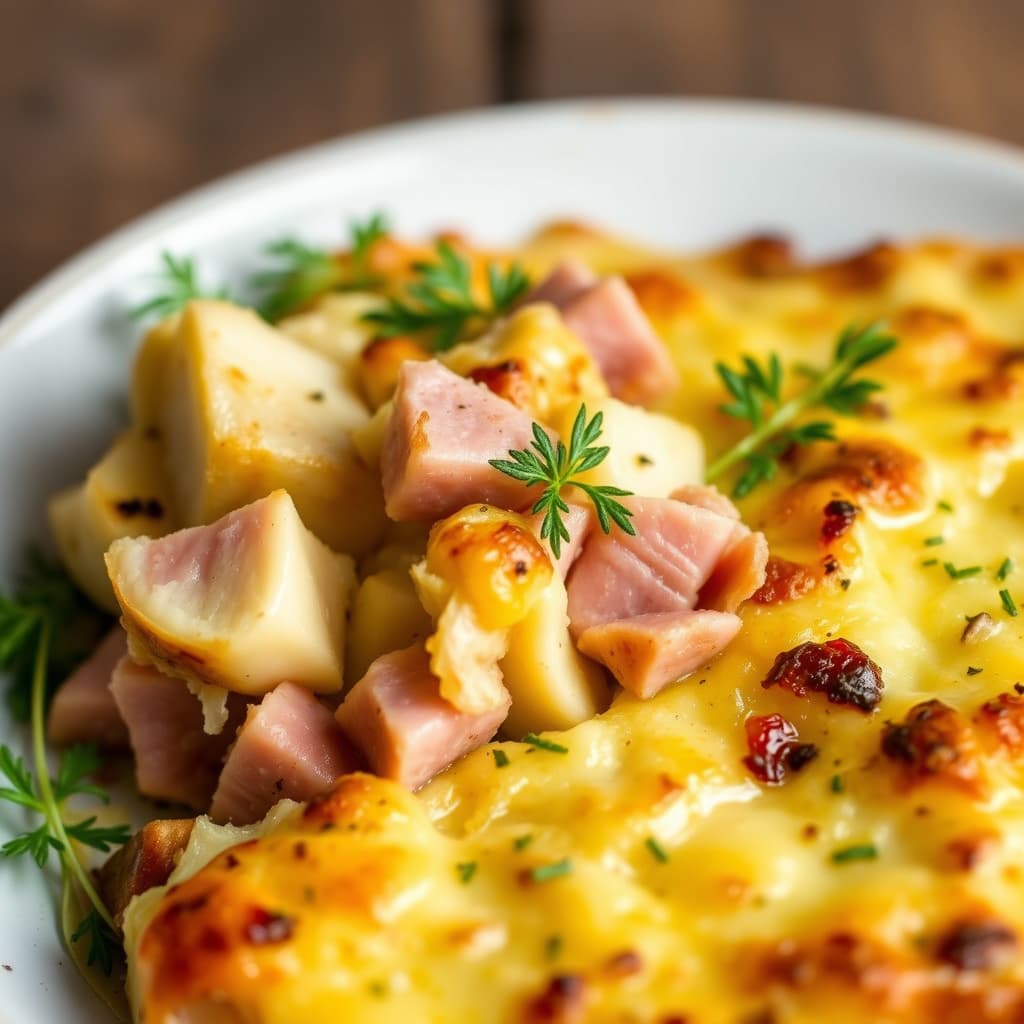 Ham, artisjokk- og potetgrateng