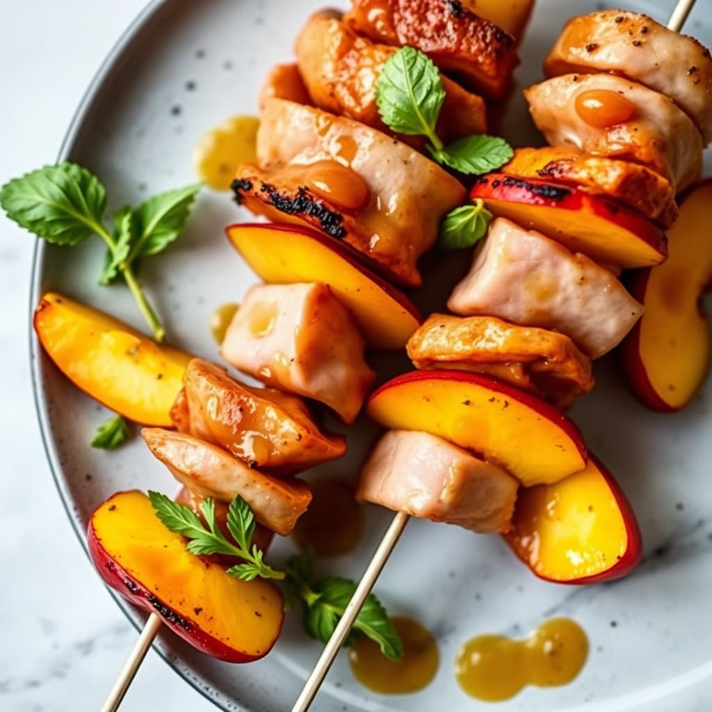 Ham- og ferskenskebab med marmelade- og sennepsglasur