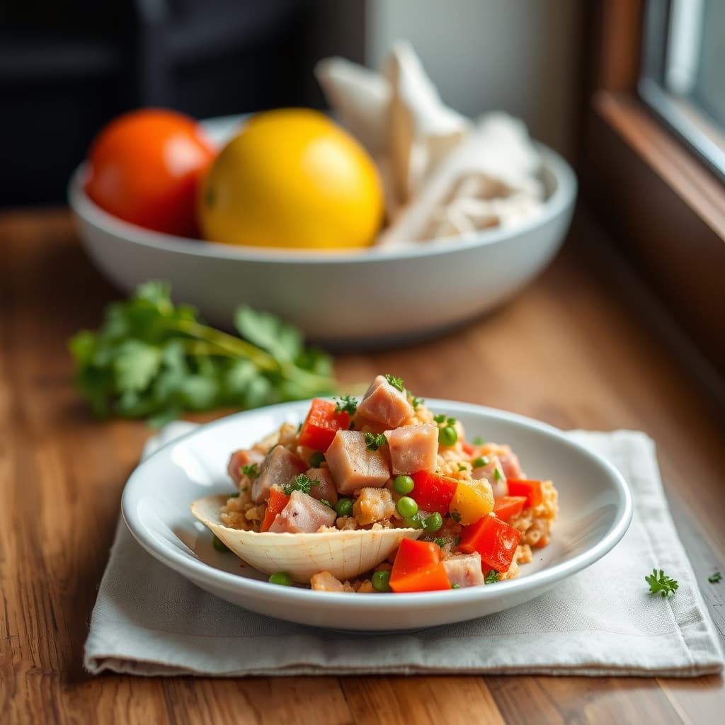 Ham og grønnsaker over middels store skjellpasta