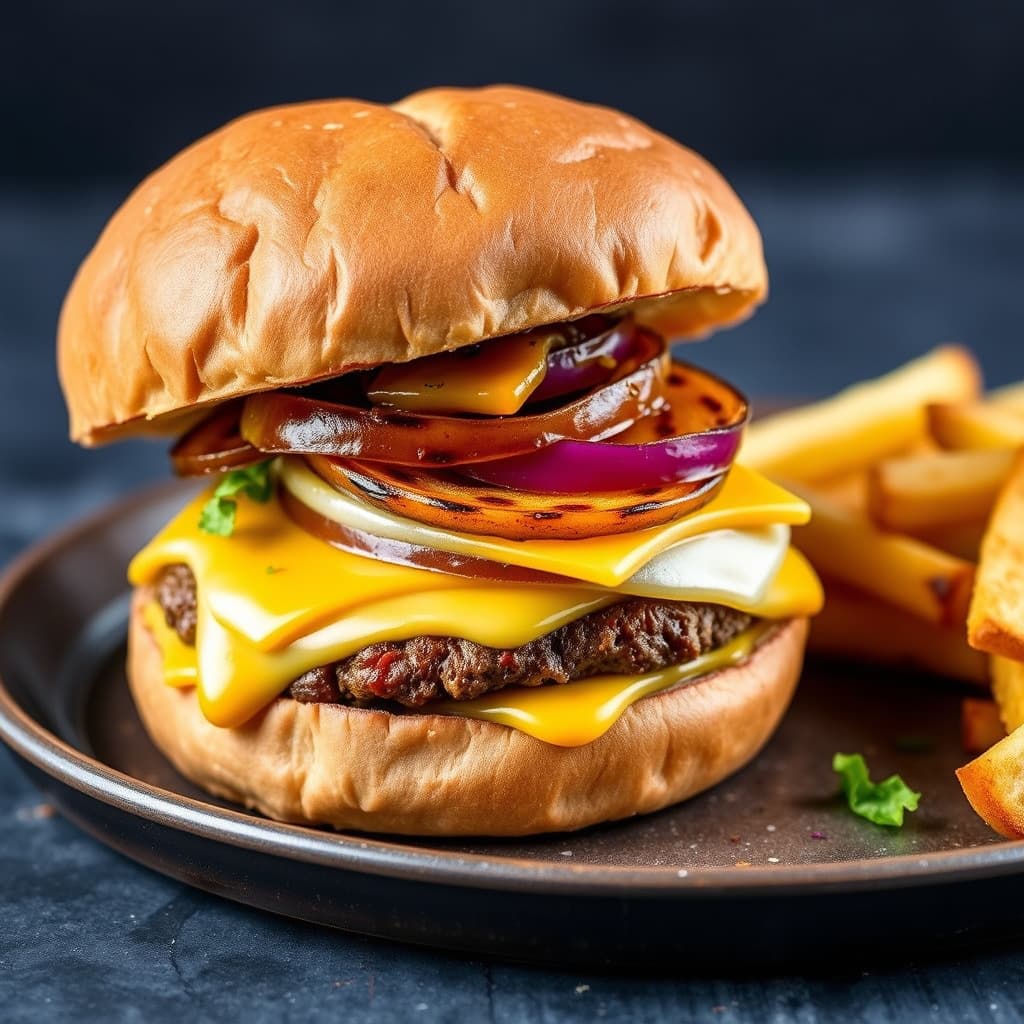 Hamburger med dobbelt cheddarost, grillet Vidalia-løk og horseradish-sennep