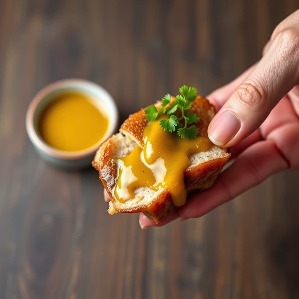 Hånd med syltegris med sennepssaus