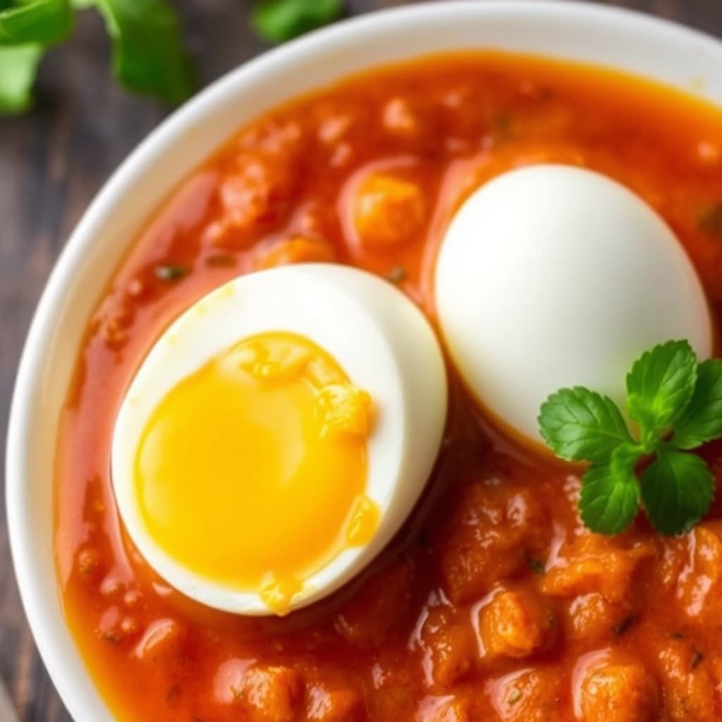 Hardkokte egg i krydret tomatsaus
