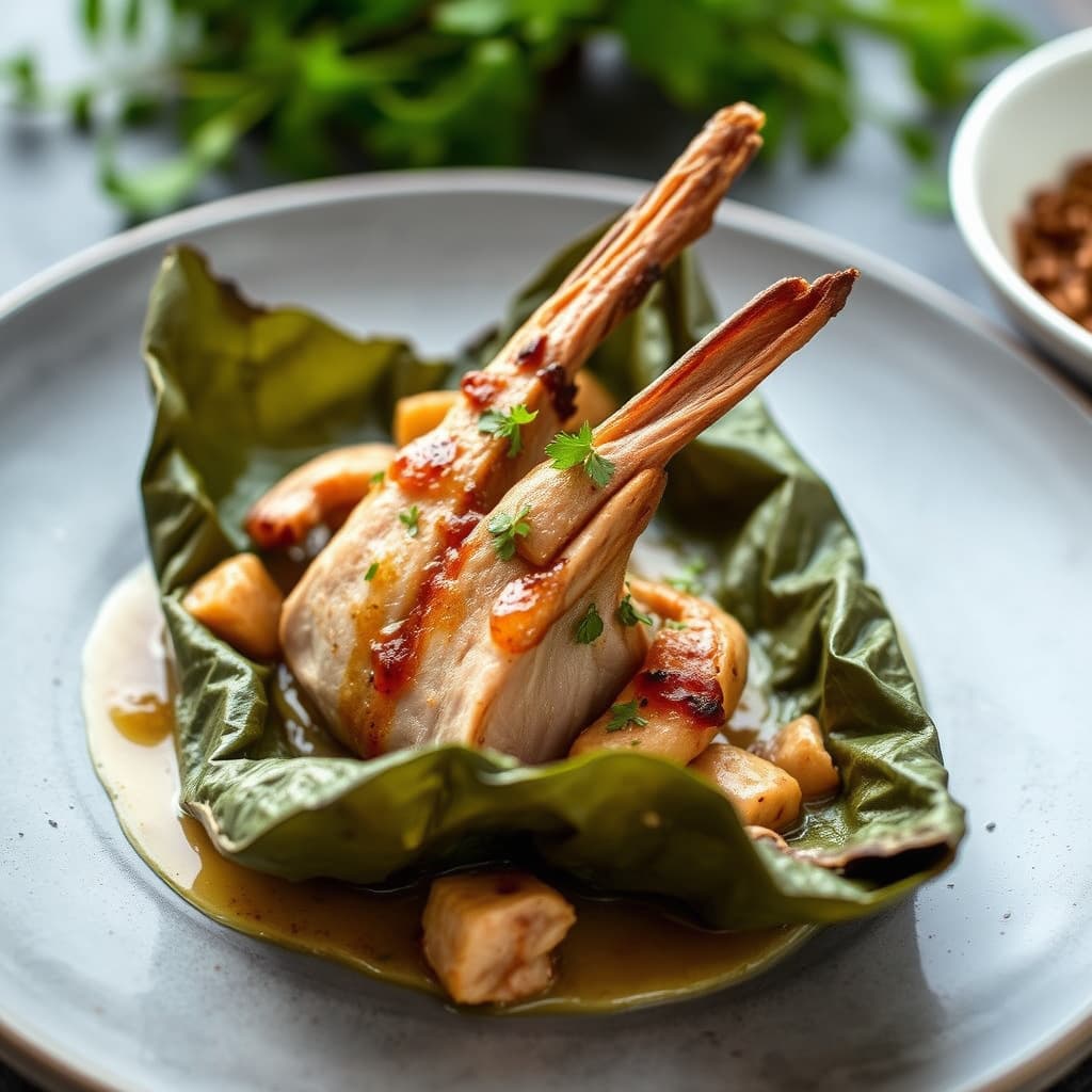 Harebenslår stekt i tobakksblad med en subtil hvitløksaus