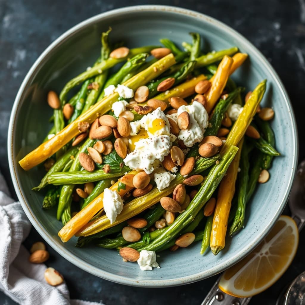 Haricots verts med mandler, ricotta salata og appelsin-honning dressing