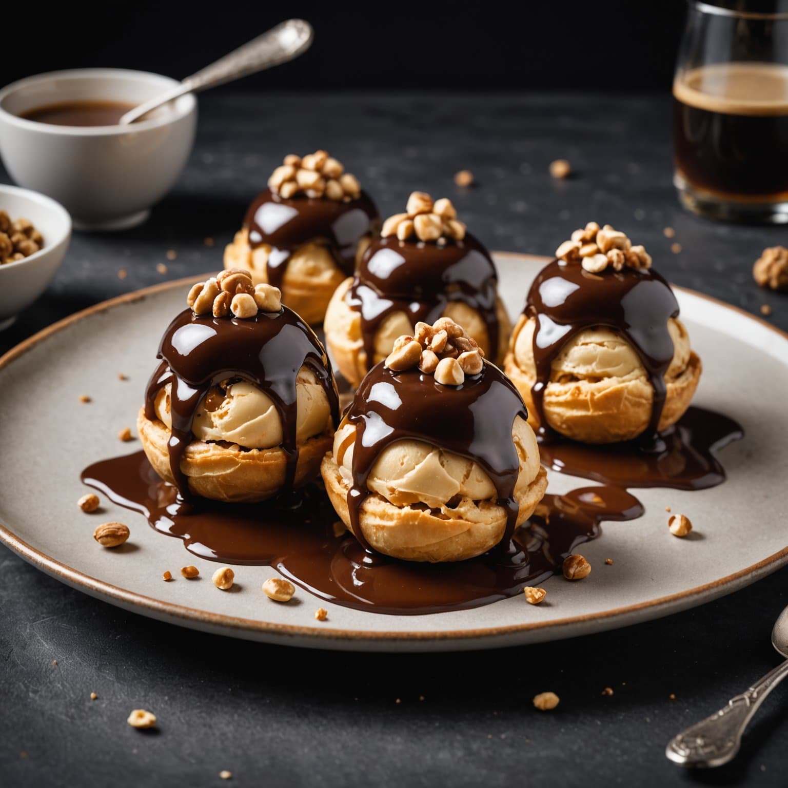 Hasselnøttgelato med profiteroles og varm Kahlua-saus
