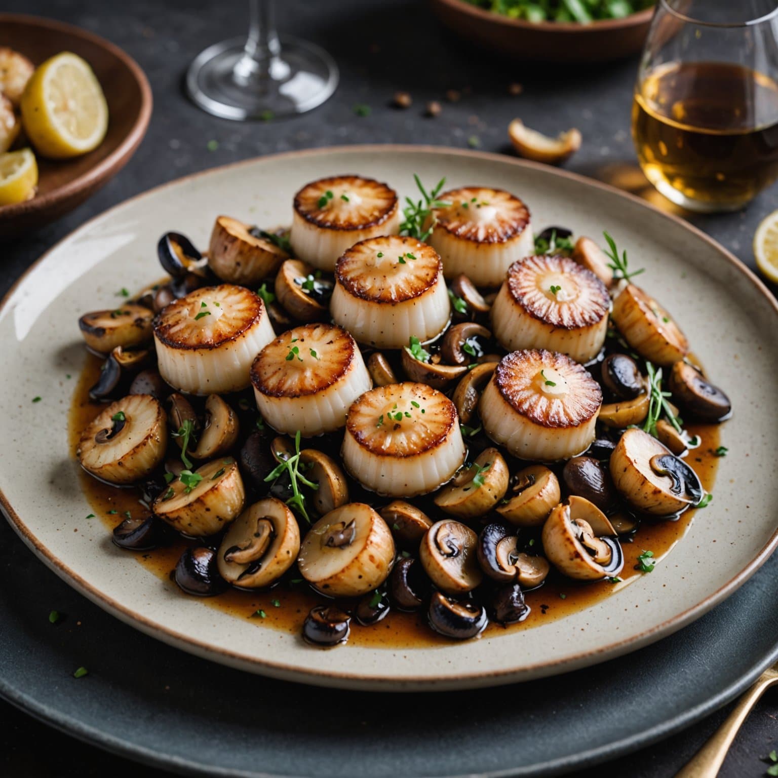 Havets kamskjell med sopp og sherry