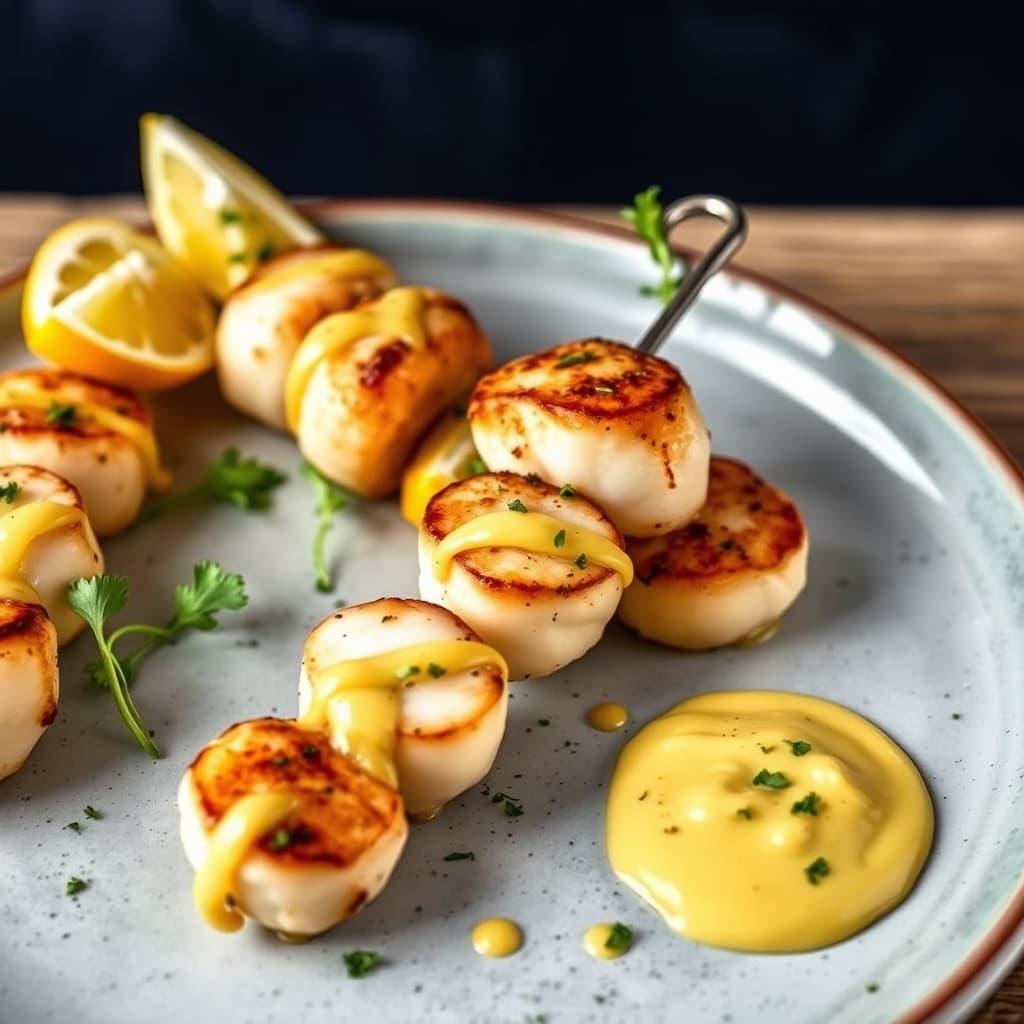 Havets kamskjellspyd med appelsin- og safransaioli