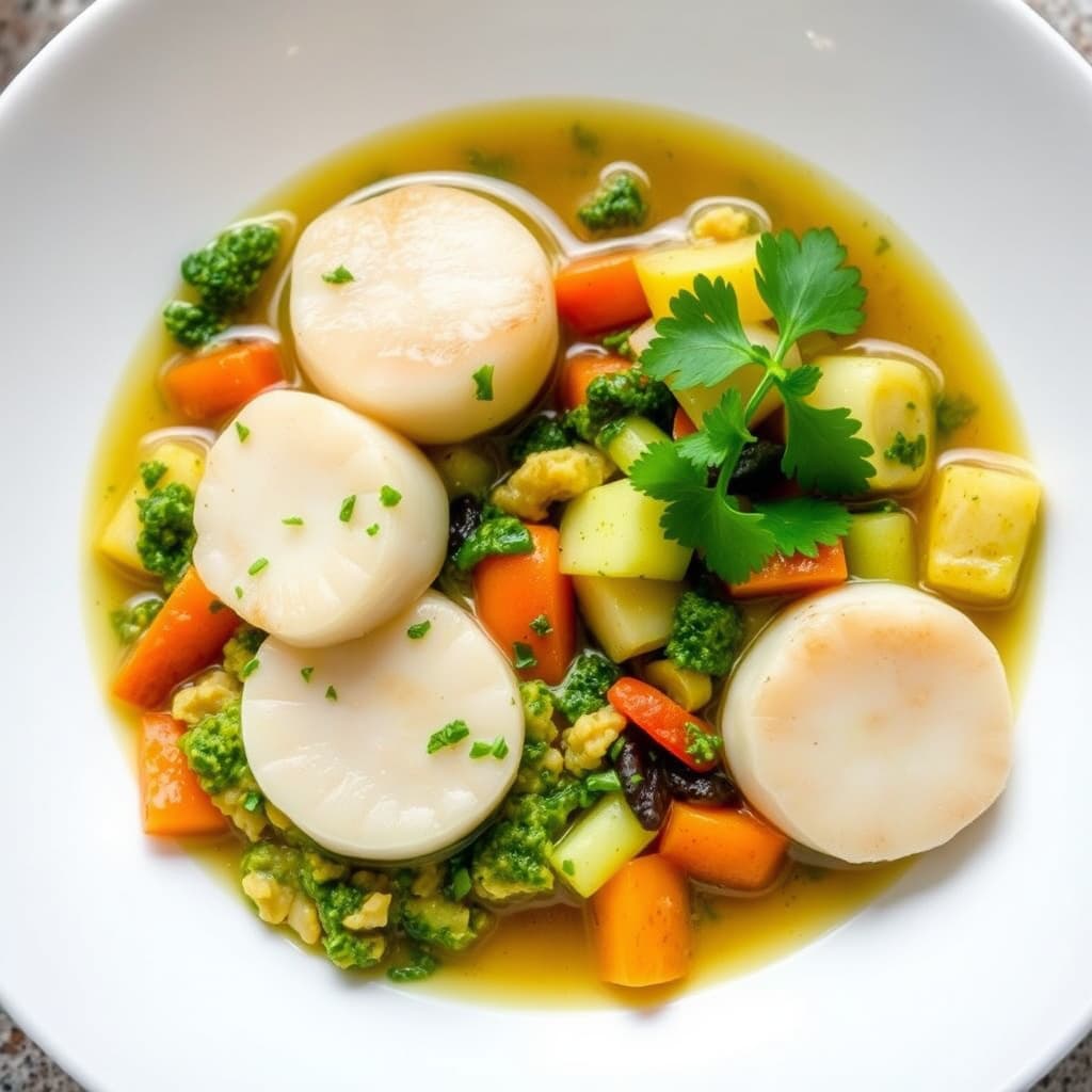 Havscallops og finhakkede grønnsaker med persillepesto og hvitløksbuljong