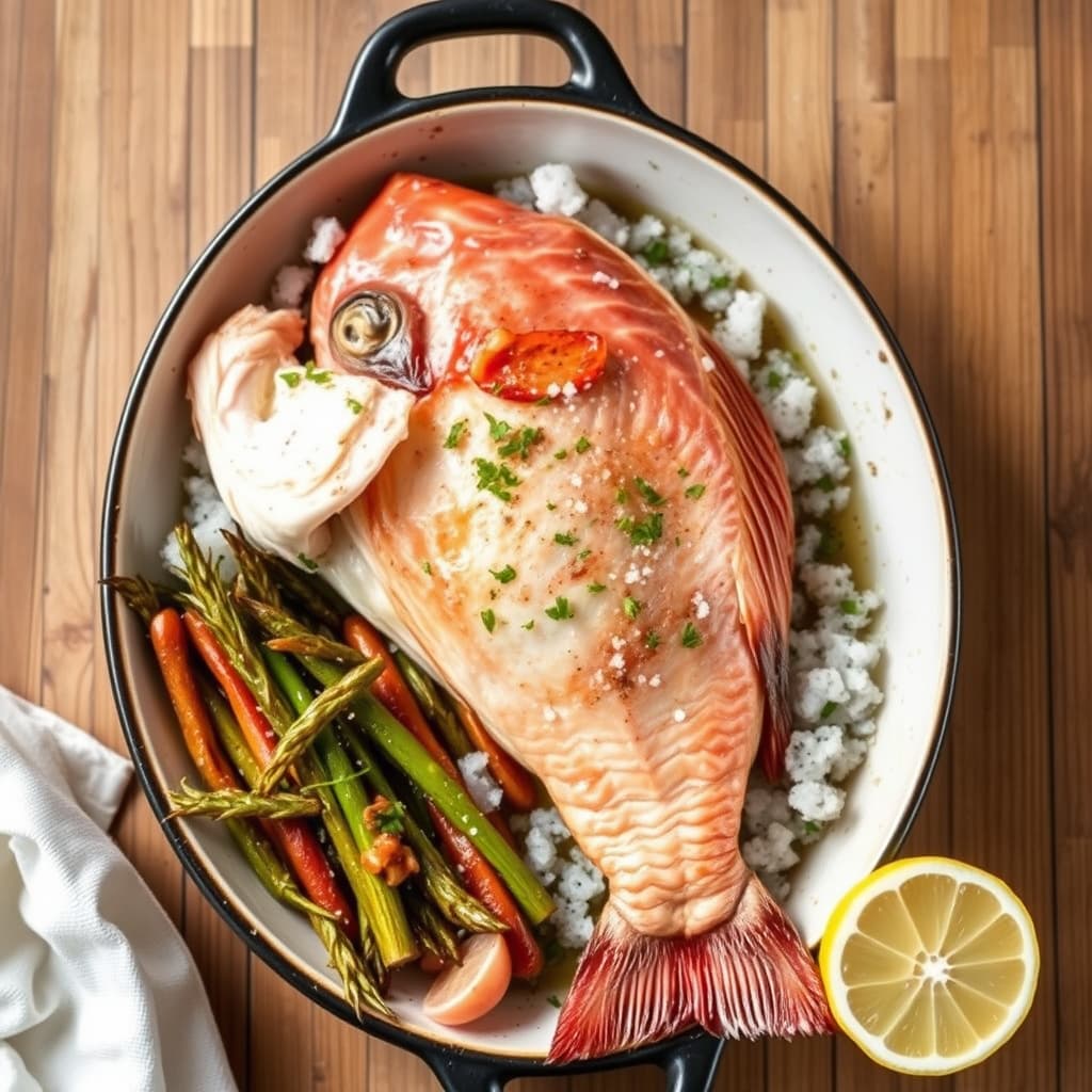 Hel rød snapper bakt i salt