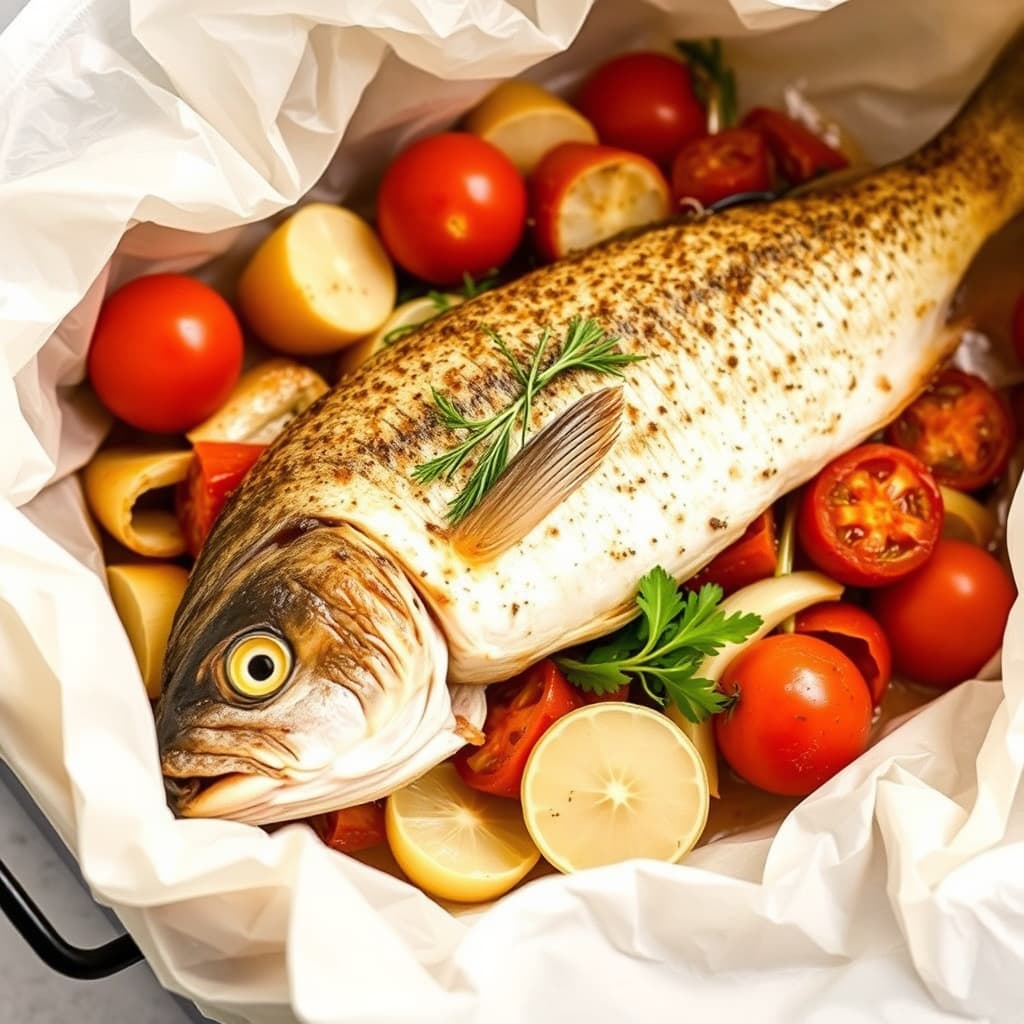 Hele stripet torsk med fennikel og tomater i en stekepose