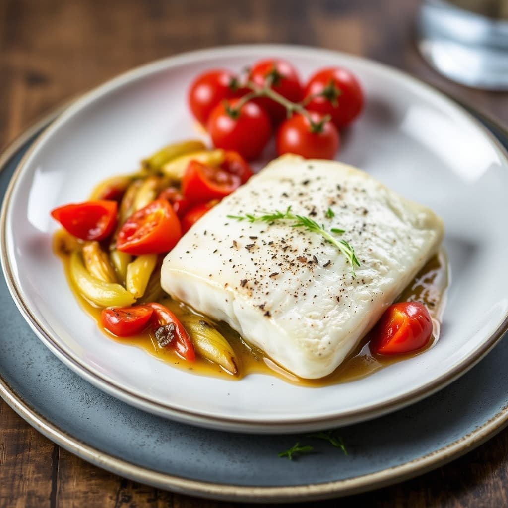 Hellefisk med ovnsbakte purre og tomater