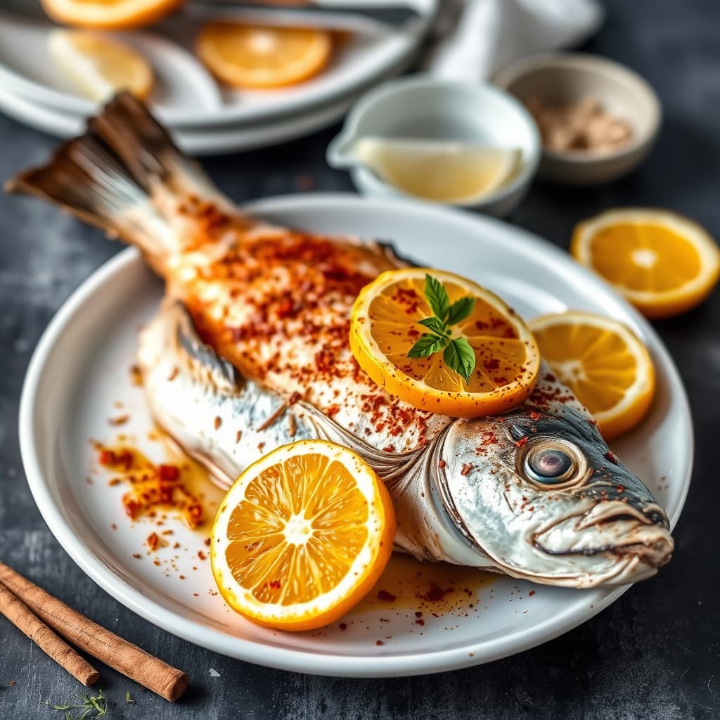 Helstekt hel fisk med appelsin, kanel og sumak