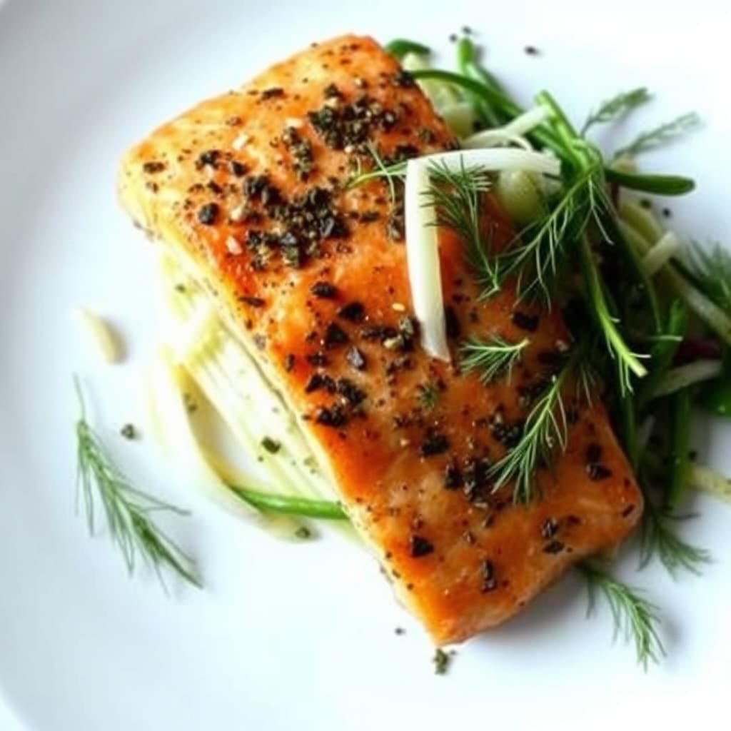Herbastet villlaks med tynne skiver av fennikel og dill-salat